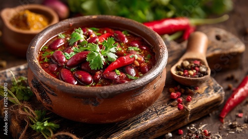 Red Bean Stew in Clay Pot with Fresh Herbs and Peppercorns