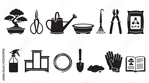 Cuadro en lienzo Bonsai gardening tools icon set, 14 black silhouettes of pruning shears and wate