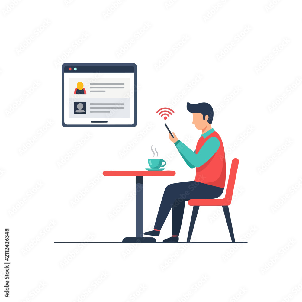 Fototapeta premium Man Using Smartphone in Cafe with Wi-Fi