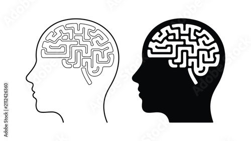 Neural awareness icon with human head profile illustrating cognitive processing brain activity perception and intelligence in line and solid styles
