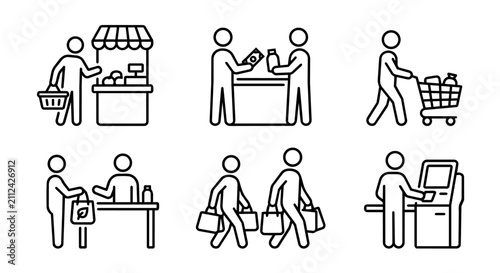 Grocery shopping, market stall, cash payment, self checkout kiosk and eco bag icon set vector illustration. Retail transaction concept.