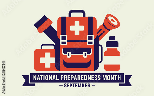 Photography Vector illustration of national preparedness month gear including medical kit an