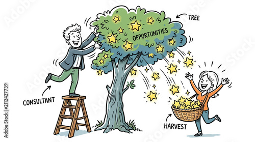 Business consultant on stepladder picking golden stars from an opportunity tree as a joyful woman catches them in a harvest basket. Metaphorical concept of business success and growth.