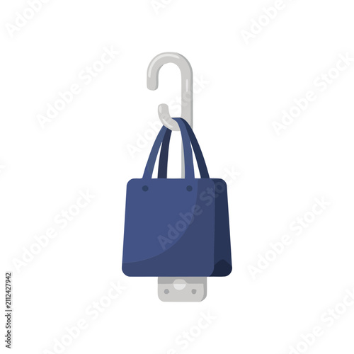Flat of a blue shopping bag hanging on a wall hook isolated on a white background, for retail and, consumerism themes