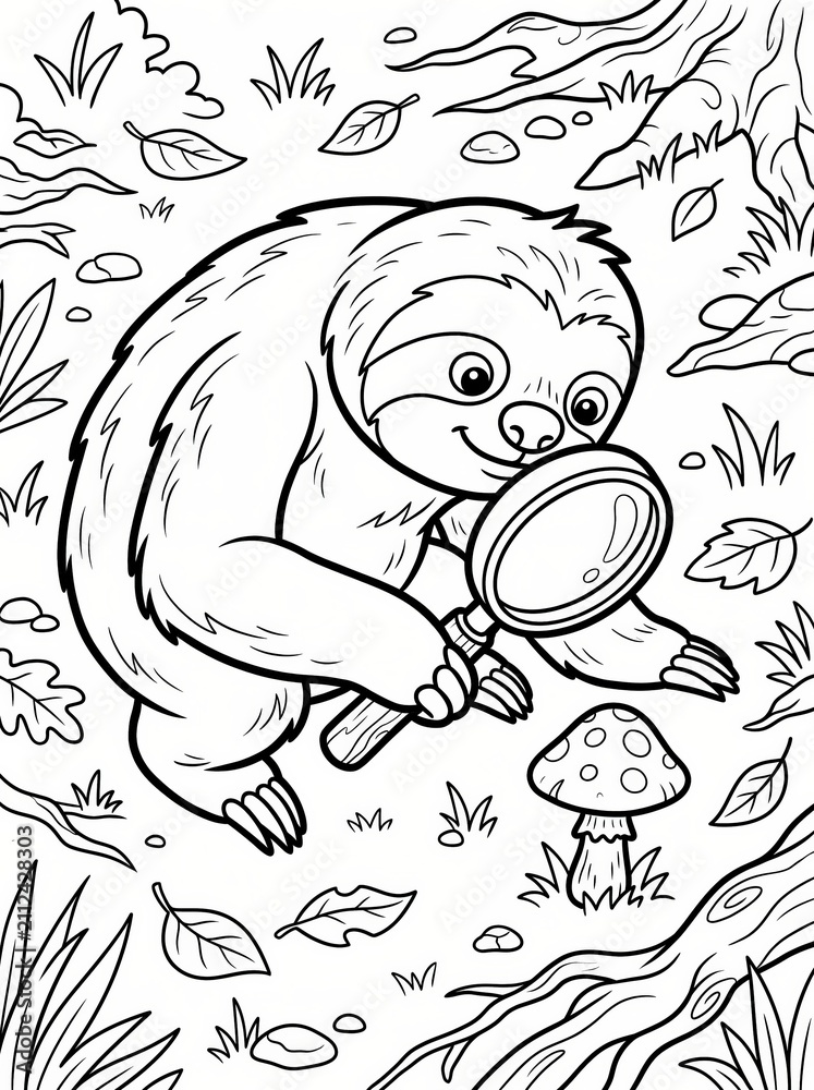 Fototapeta premium Coloring page, curious sloth looking at a mushroom with a magnifying glass.