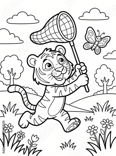 Coloring page, playful tiger catching a butterfly with a net.