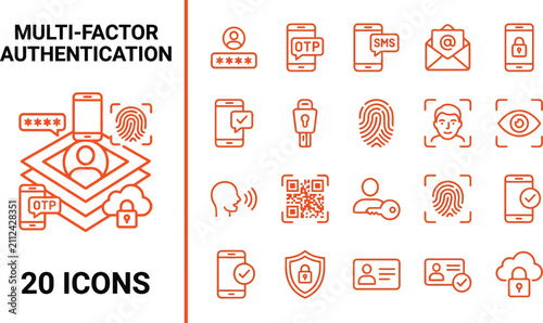 Detailed set of twenty multi-factor authentication line icons for cybersecurity, identity verification, and secure digital access control systems.