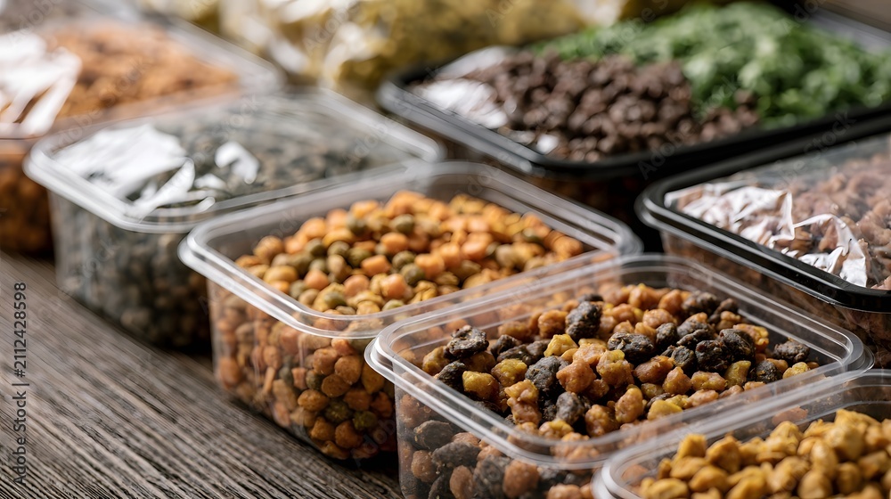 Obraz premium Various types of dry pet food in clear plastic containers arranged on a wooden surface for feeding