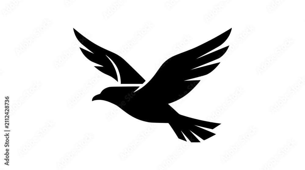 Obraz premium Silhouette of a soaring bird in flight against a white background, freedom concept