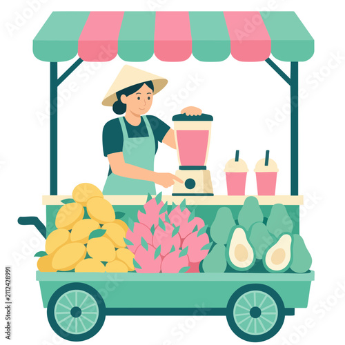 Flat Vector Illustration Tropical Fruit Smoothie Street Cart with Vendor