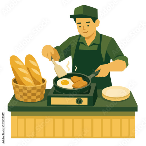 Flat Design Vector Man Cooking Breakfast with Fried Egg and Baguette