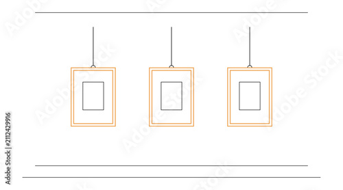 Paintings in frames hanging on the wall in art gallery. Outline vector illustration. White background