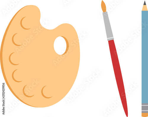 Set of basic tools for painting. Palette, brush and pencil. Isolated vector illustration. Transparent background