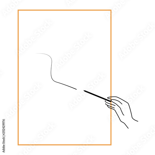 Hand that drawing with pencil on canvas. Outline vector illustration. White background