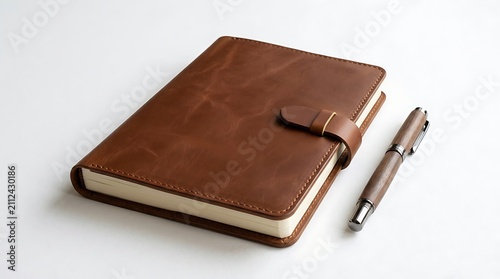 Leather notebook and pen set isolated on white background premium stationery