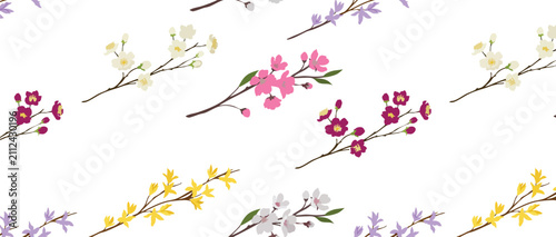 Seamless Spring Floral Pattern with Minimalist Cherry Blossoms and Branches on White Background