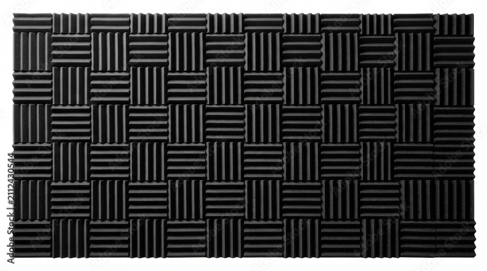 Fototapeta premium Black acoustic foam soundproofing panel background with geometric wedge pattern for recording studio music production sound dampening isolation surface treatment design