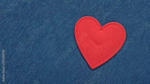 A red heart-shaped patch on denim fabric.