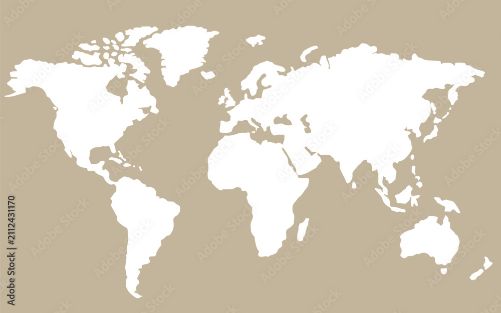 Obraz premium White world map silhouette vector illustration isolated on beige neutral background. Minimalist global earth map template for aesthetic graphic design. Modern flat vector illustration
