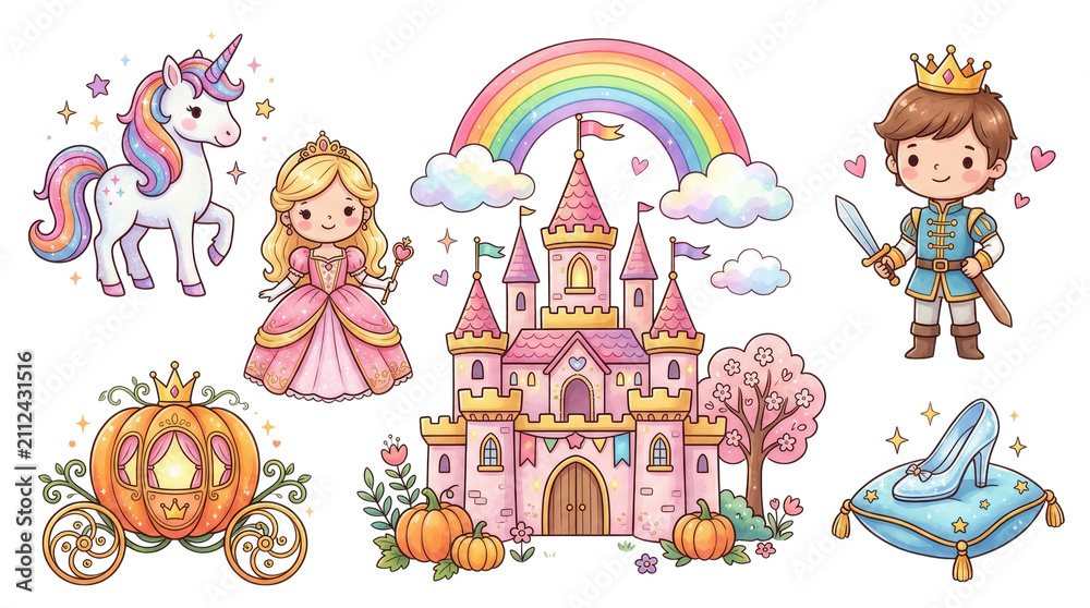 Fototapeta premium Collection of cute fairy tale elements featuring a princess prince unicorn and castle isolated on transparent background