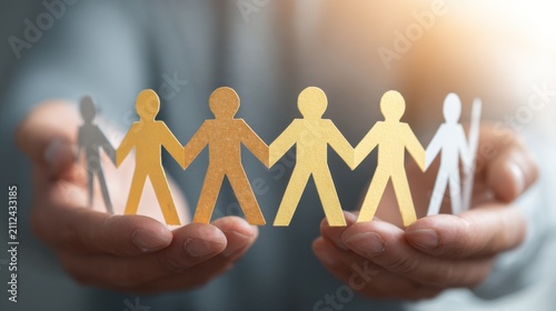 Hands holding a chain of yellow and white paper figures. Unity and teamwork concept.