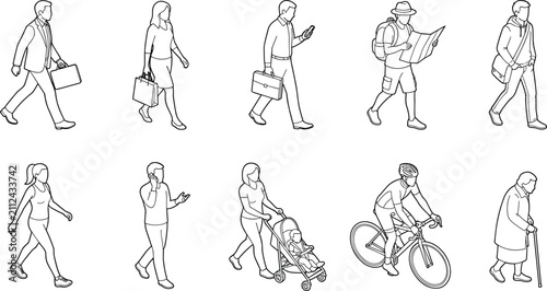 Set of diverse isometric people walking, cycling, and commuting for urban architectural visualization and site planning