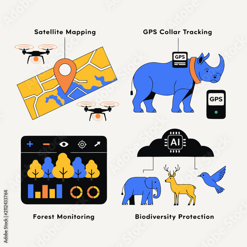 Wildlife Conservation Technology Vector Set – Drone Mapping, GPS Animal Tracking, Forest Monitoring, AI Biodiversity Protection Flat Illustration