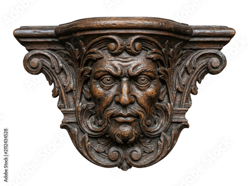 Ornate wooden corbel with carved man face isolated on transparent background. Decorative support bracket for interior.