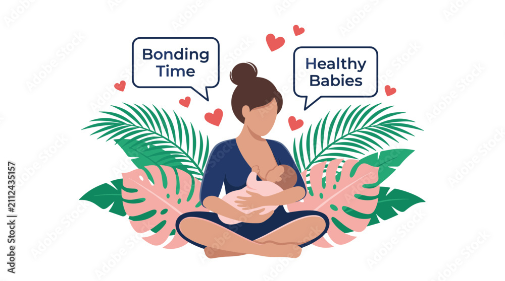Fototapeta premium Mother breastfeeding baby with tropical leaves and bonding message bubbles