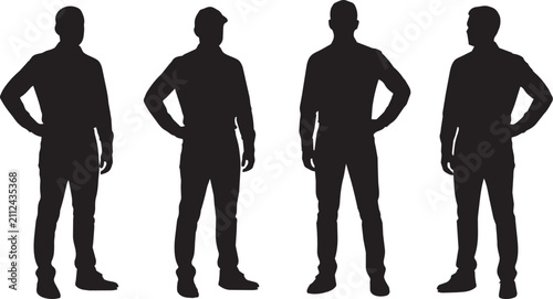 Foto Four Men Standing with Hands on Hips Silhouette Photo

Silhouette photograph of four men standing with hands on hips, one wearing a baseball cap