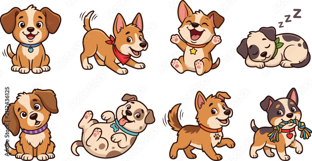 Fototapeta premium Cute Cartoon Puppy Characters Collection with Playful Poses and Happy Expressions Vector Set