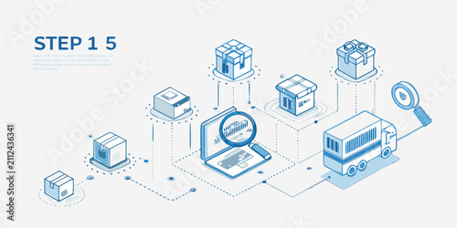Isometric Illustration Of Delivery Boxes Laptop And Truck On White Background