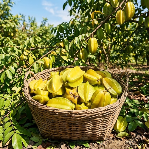 Basket of fresh green bananas on garden soil.