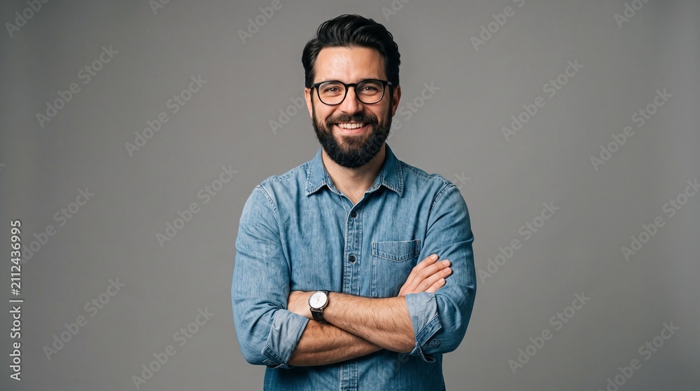 Obraz premium Smiling confident man with glasses standing arms crossed on gray background