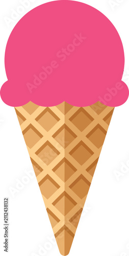 Pink strawberry ice cream scoop in crispy waffle cone illustration with strawberry, refreshing