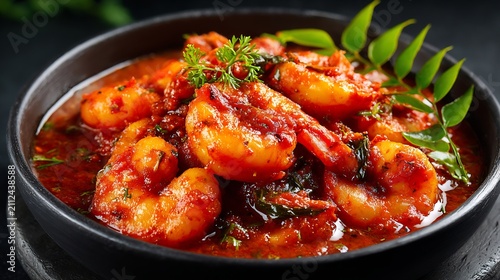 Spicy shrimp prawns in red curry sauce served in a black ceramic bowl with fresh herbs