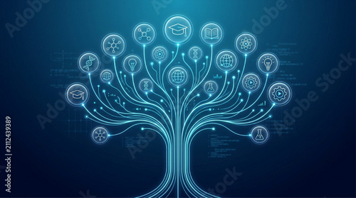 Obraz na płótnie Digital Technology Tree with Glowing Circuit Branches and Education Icons Concep