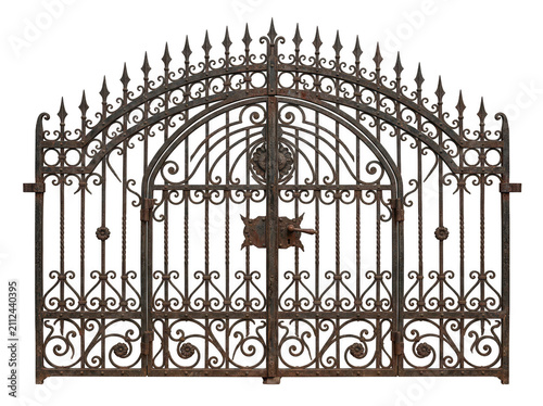 Vintage dark iron gate with ornate scrollwork isolated on transparent background. Ideal for historical architecture.