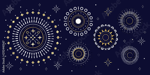 Tableau sur toile Circular Sunburst And Geometric Patterns Vector Illustration On Dark Background