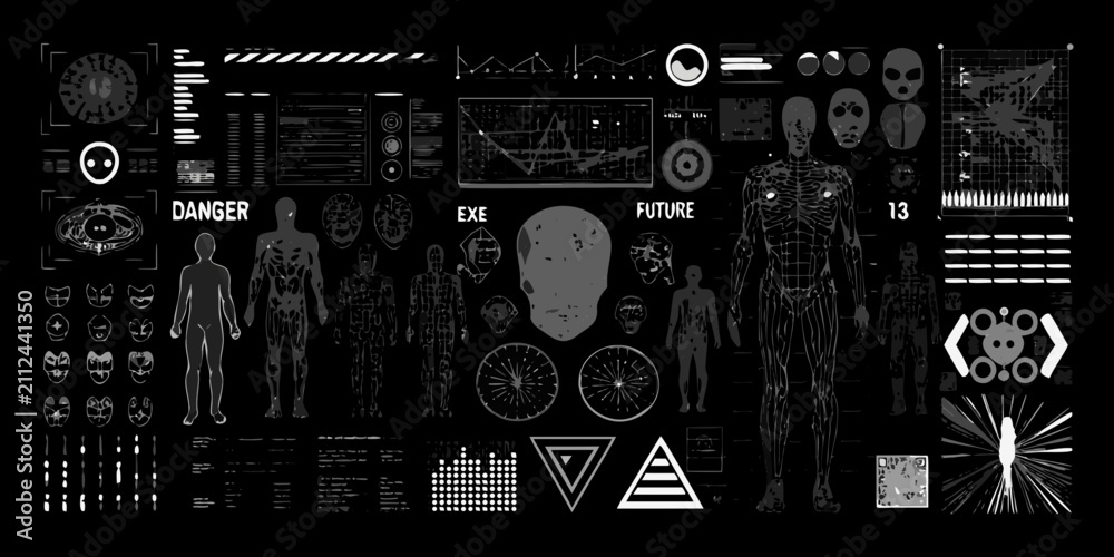 Obraz premium cyberpunk industrial graphic elements collage black and white human skeleton skull robot technology