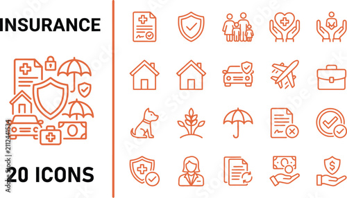 Set of twenty insurance line icons featuring protection, health, home, car, and financial security symbols for professional business web design.