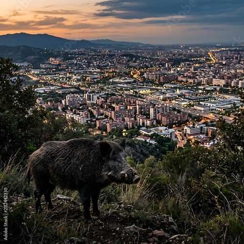 Bison grazing at sunset with city skyline backdrop.