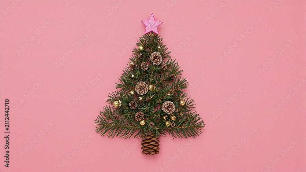 Obraz premium Christmas tree decorated with pinecones and ornaments on pink background with star topper.
