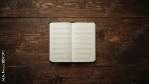 Open blank notebook on wooden surface.