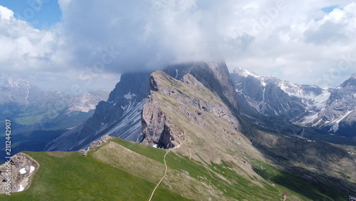 Aerial view of Seceda mountain peaks in the Dolomites, South Tyrol, Italy