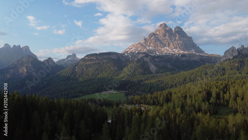 Aerial view of Seceda mountain peaks in the Dolomites, South Tyrol, Italy