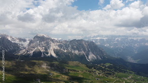 Aerial view of Seceda mountain peaks in the Dolomites, South Tyrol, Italy