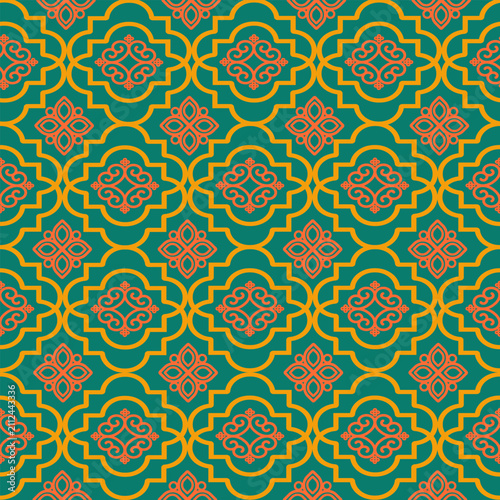 Geometric seamless pattern colorful elegant traditional ornamental tile motifs in vibrant teal, orange, coral. Luxury moroccan Islamic mosaic background vintage design for wallpaper, textile, vector
