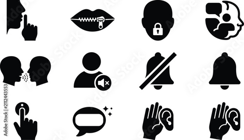 Silence and mute user interface vector glyph icons set for notification settings and privacy communication control