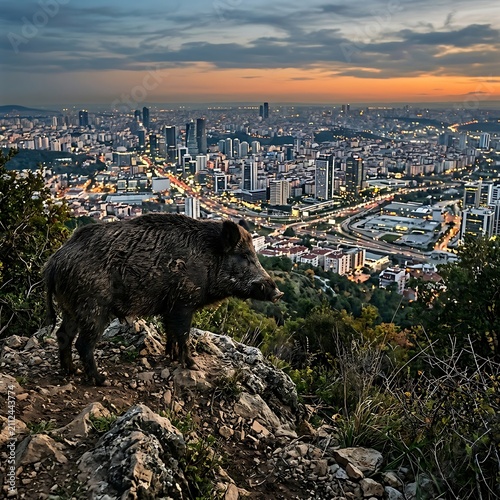 Bison grazing near urban city skyline at dusk.